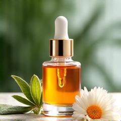 Elegant glass dropper bottle of an organic facial serum, with delicate botanical elements nearby.